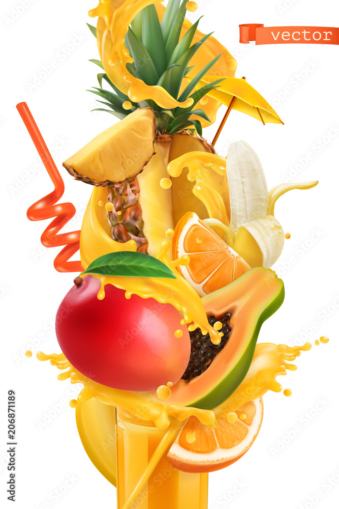 飞溅的果汁和甜的热带水果。芒果、香蕉、菠萝、木瓜、橙子。3d逼真的ve