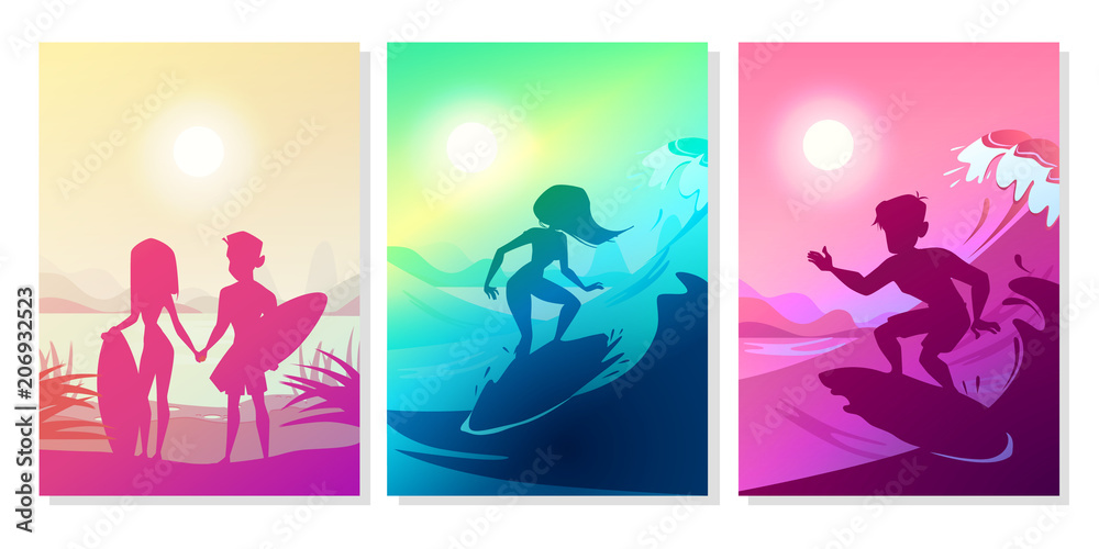 海上冲浪者夏威夷海滩男孩和女孩情侣拿着木板的矢量插图。剪影