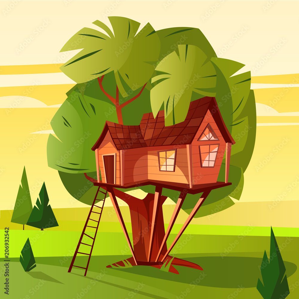 森林中带梯子和窗户的木屋的树屋矢量插图。卡通林地出租车