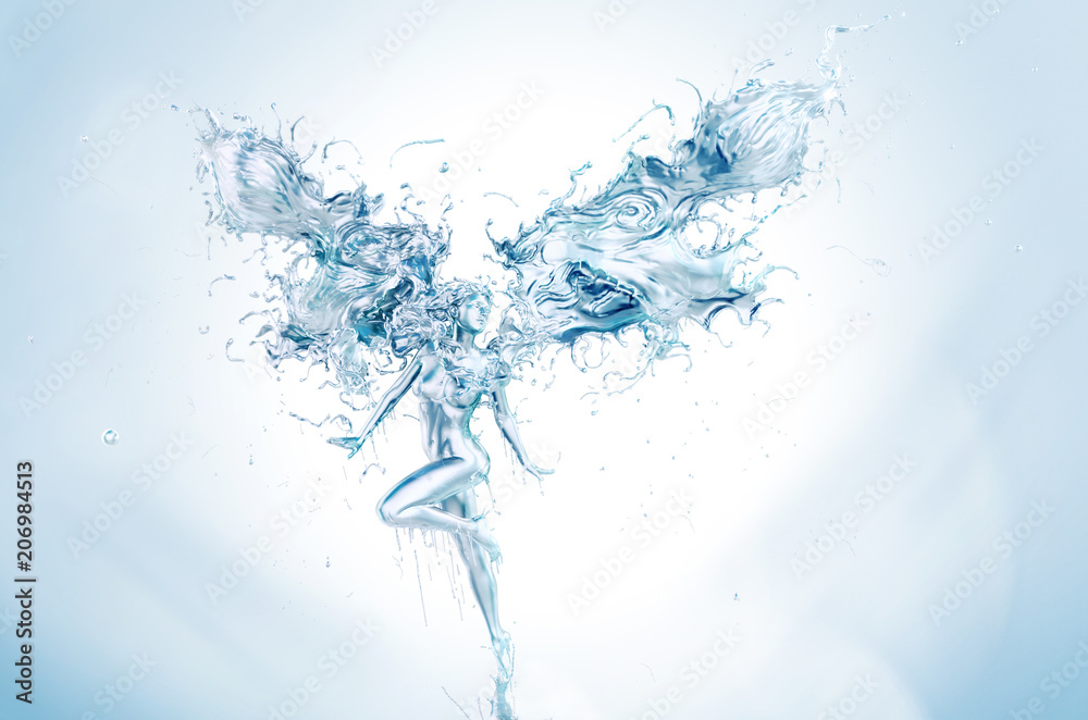 Splash of water in form of woman body, abstract Liquid Flying Girl, for design elements with clippin