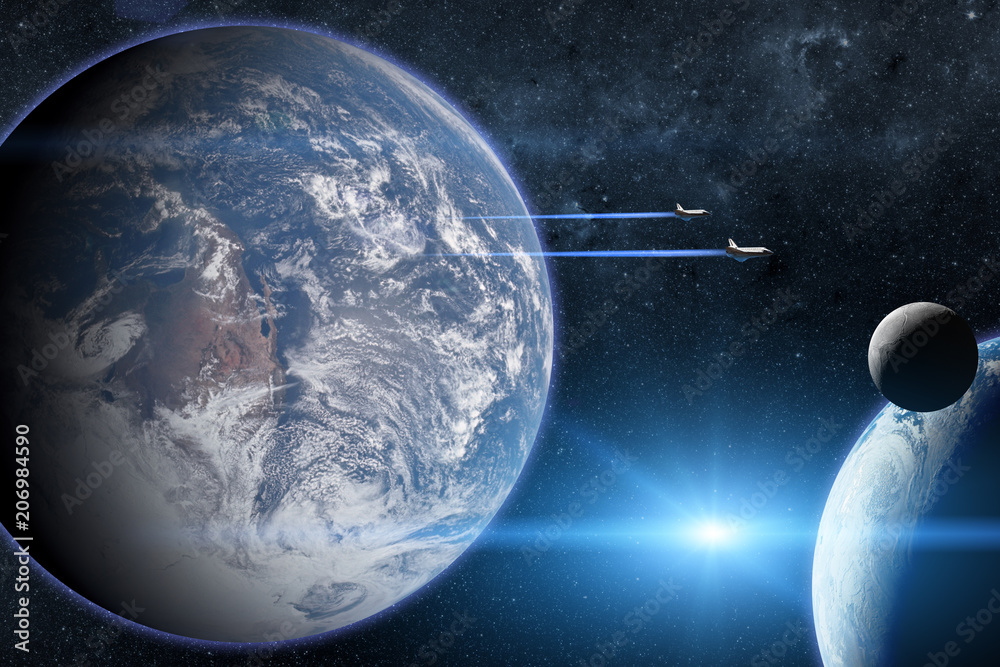 蓝色星球地球。正在起飞执行任务的航天飞机。这张图片的元素由美国国家航空航天局提供。