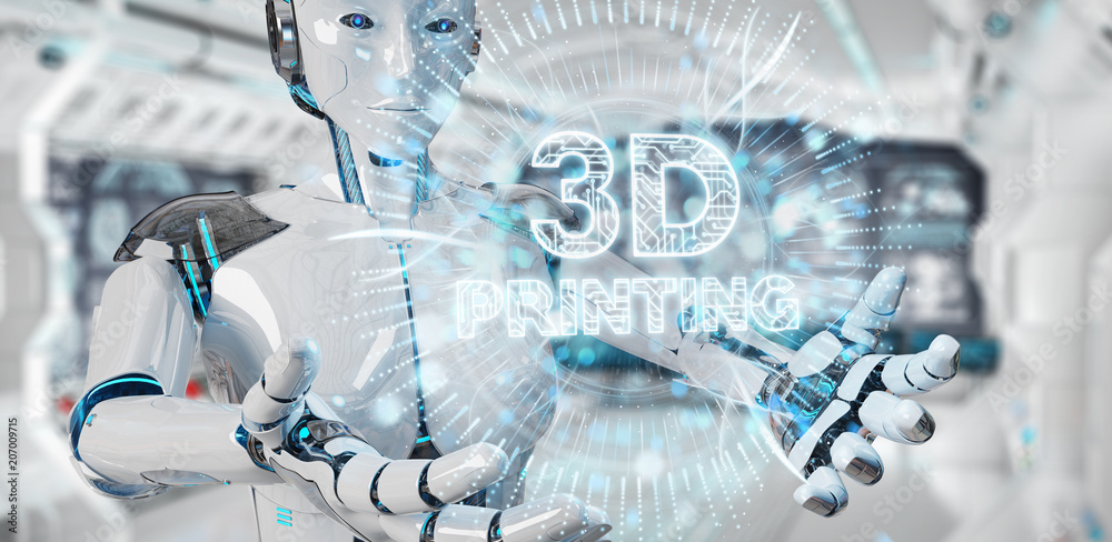 使用3D打印数字全息图3D渲染的机器人白人女性