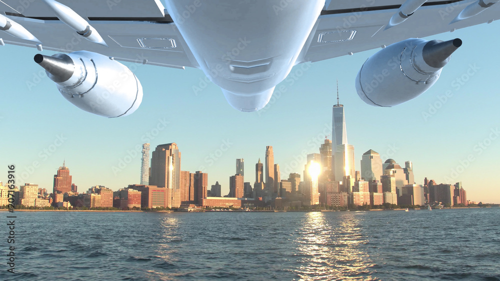 航空航天：大型商用飞机飞往纽约，沿着哈德逊河飞行