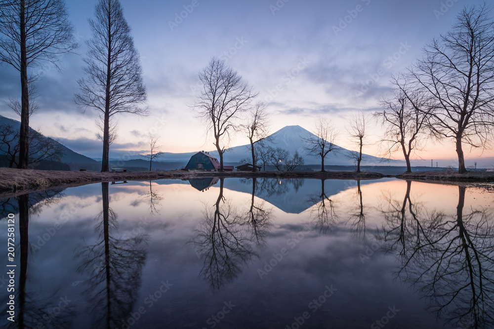 静冈县富士宫伏磨帕拉露营地清晨的富士山