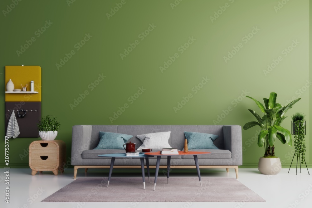 客厅有灰色沙发和装饰，背面有绿色墙壁，3D渲染