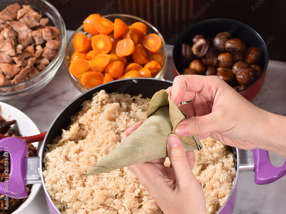 Procedure step of making zongzi or rice dumpling recipe on Dragon Boat Festival, Asian traditional f