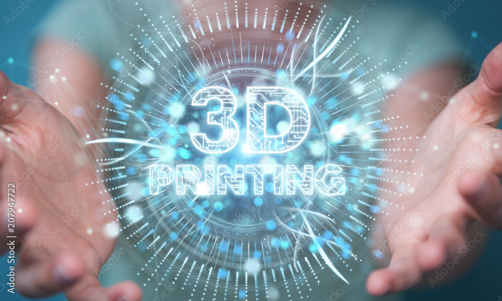 女商人使用3D打印数字全息图3D渲染
