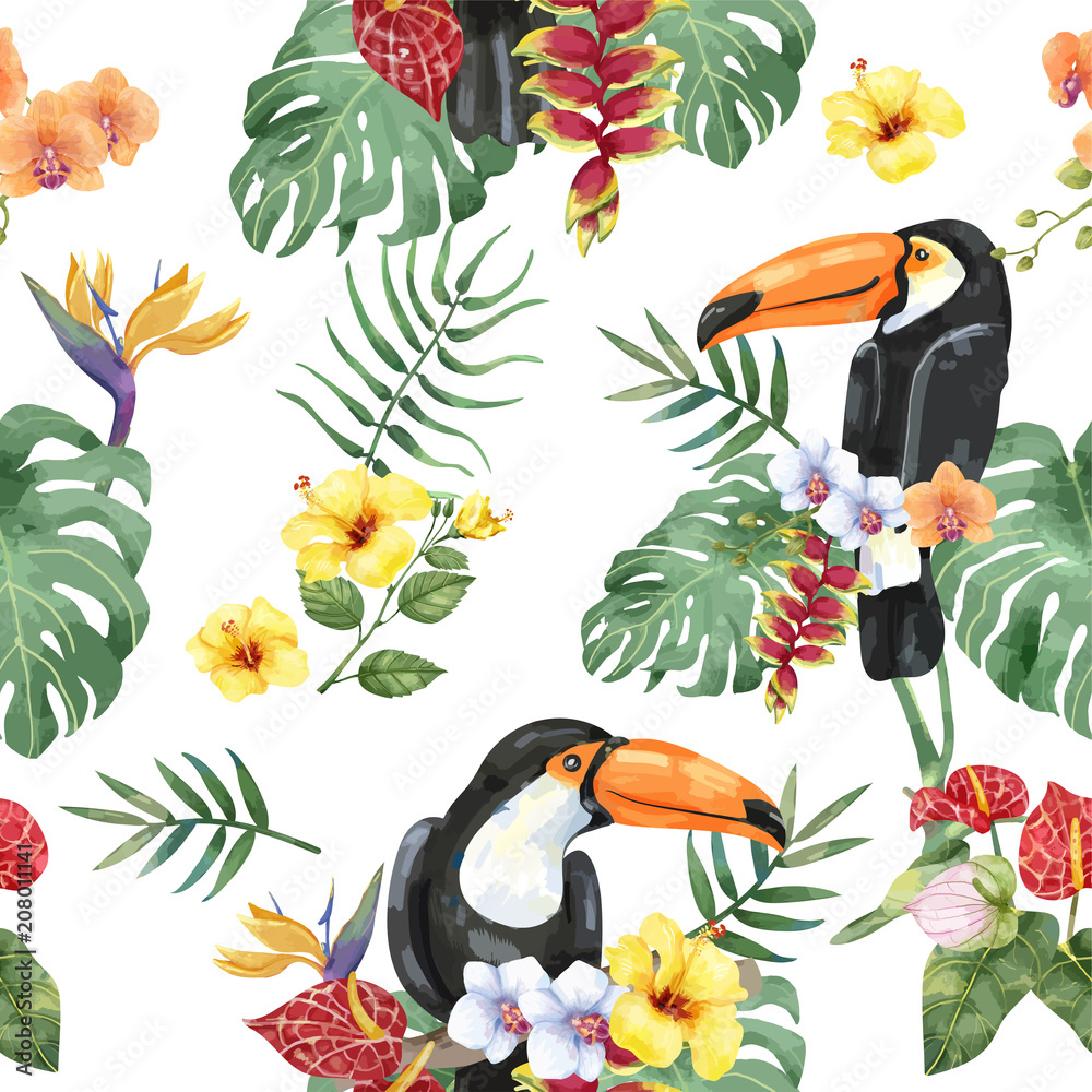 热带花卉图案手绘巨嘴鸟