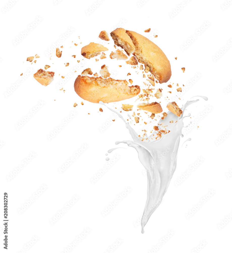 Biscuit crushed into pieces with milk splashes