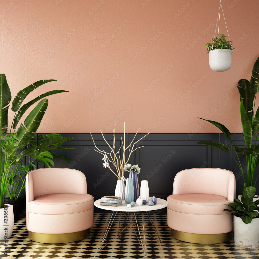 生活区或接待处的室内设计，深粉色墙壁、扶手椅、植物、瓷砖地板和