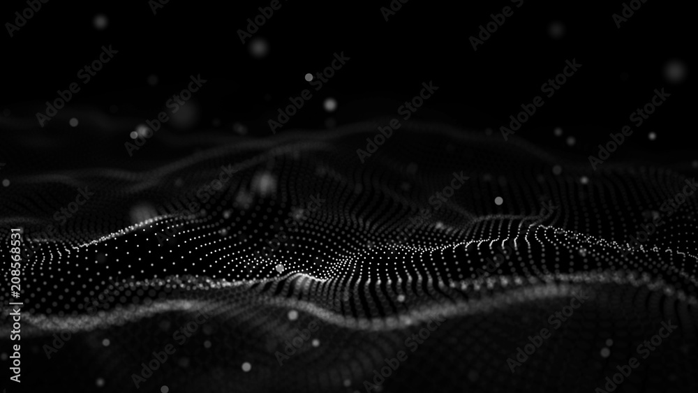 数据技术插图。抽象的未来主义背景。波与连接点和线