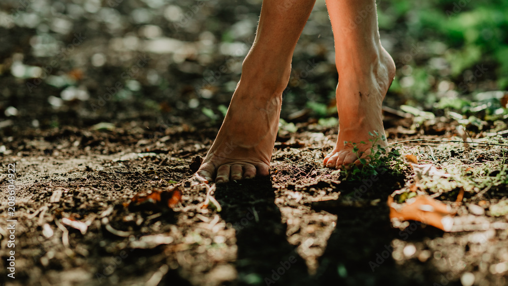 在秘密植物园里赤脚行走的年轻女孩。女性赤足触摸的特写图像