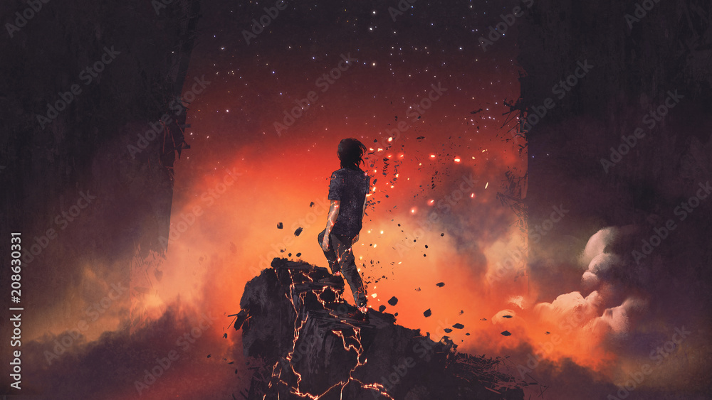 在超现实的地方，一个人站在熔岩上被打碎成碎片，数字艺术风格，插图派