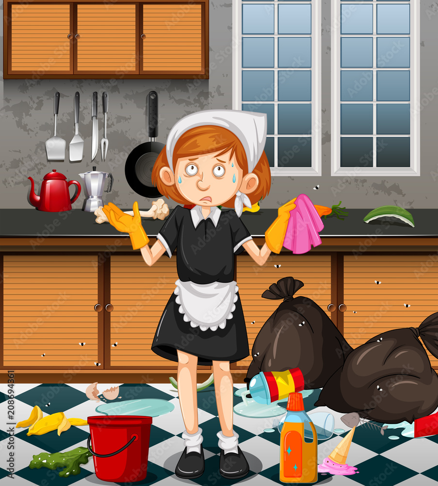 清洁脏厨房的女佣