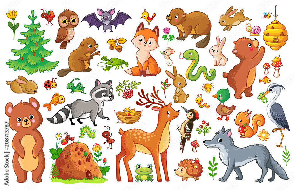 儿童风格的动物和鸟类矢量集。卡通中的昆虫和哺乳动物集合