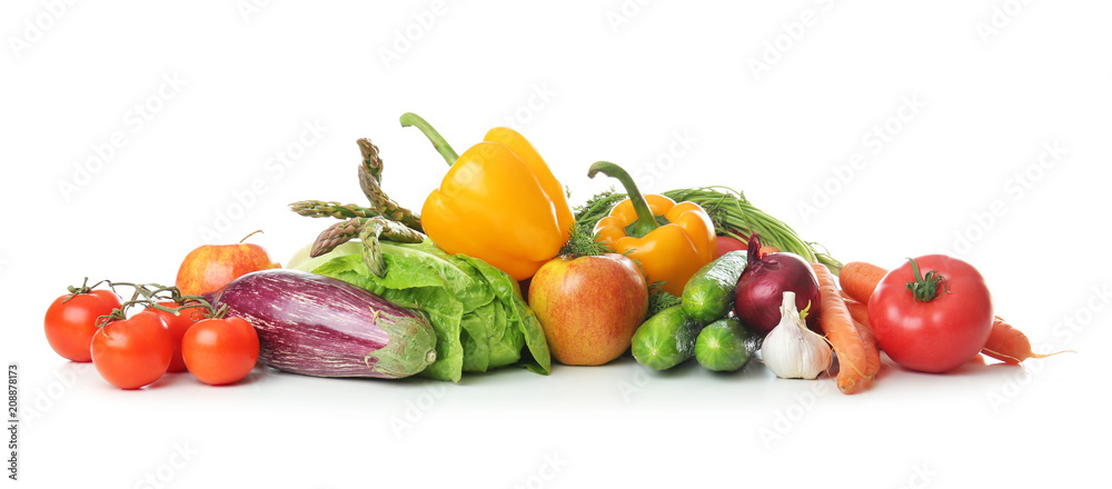 Fresh fruits and vegetables on white background. Healthy food concept