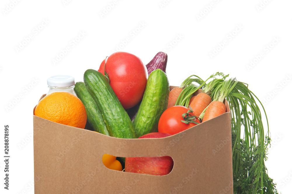 白底新鲜果蔬纸袋。健康食品理念