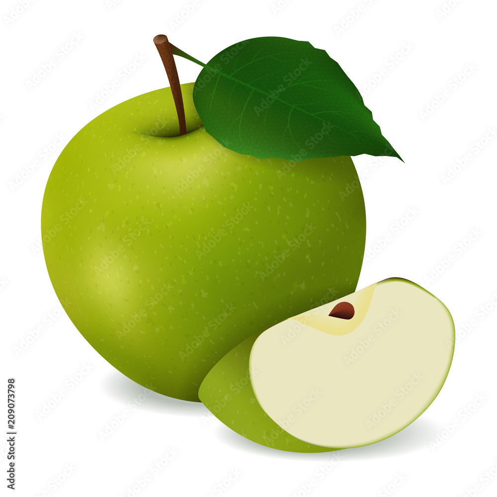 美味多汁的绿色苹果，白色背景上有叶子。写实风格。矢量插图。