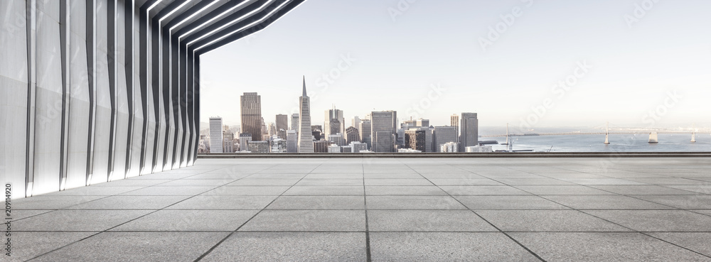 modern building and empty floor with skyline