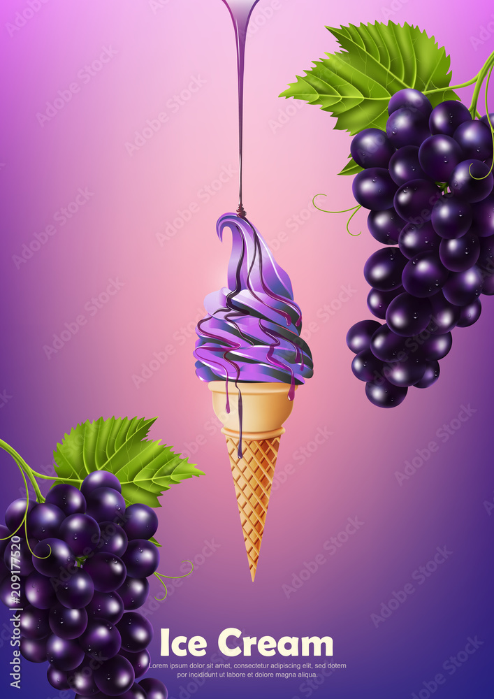 冰淇淋在圆锥体中，倒入紫葡萄糖浆和桌上葡萄背景，插图矢量
