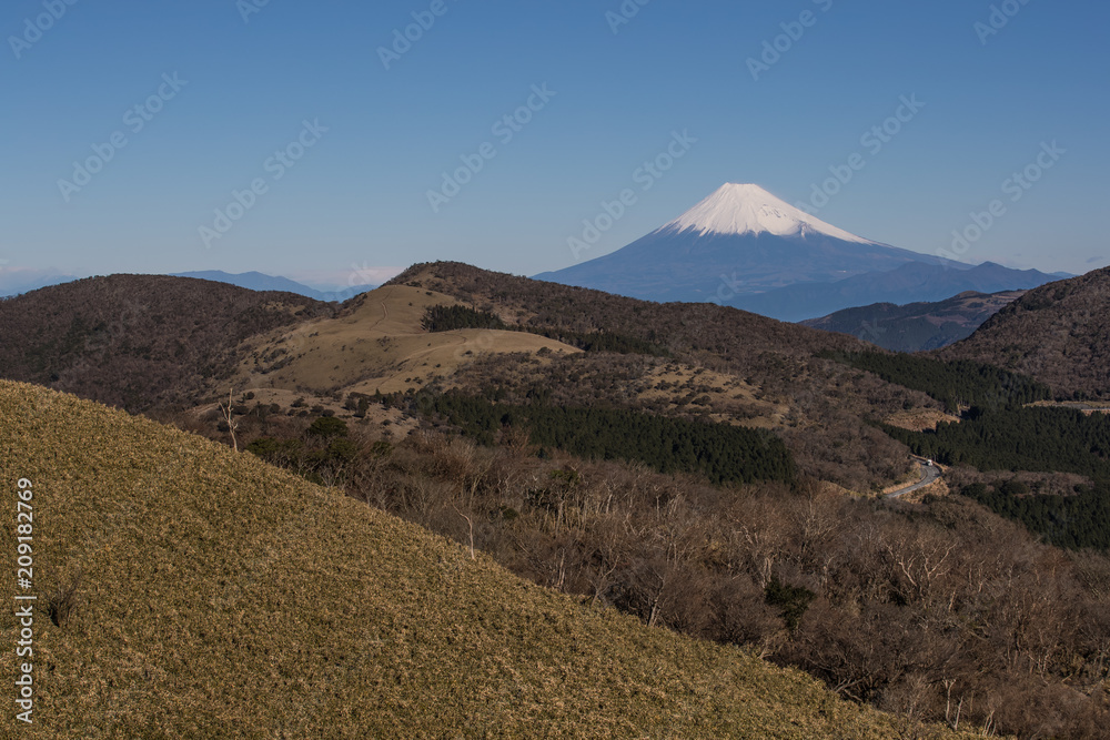 静冈县伊豆市冬季富士山与高山的景色。