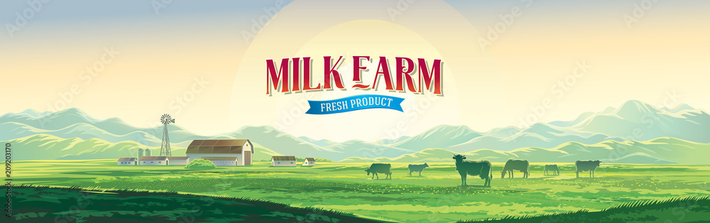 夏季乡村景观，奶牛和农场，黎明在山丘上，带有tematic标签。