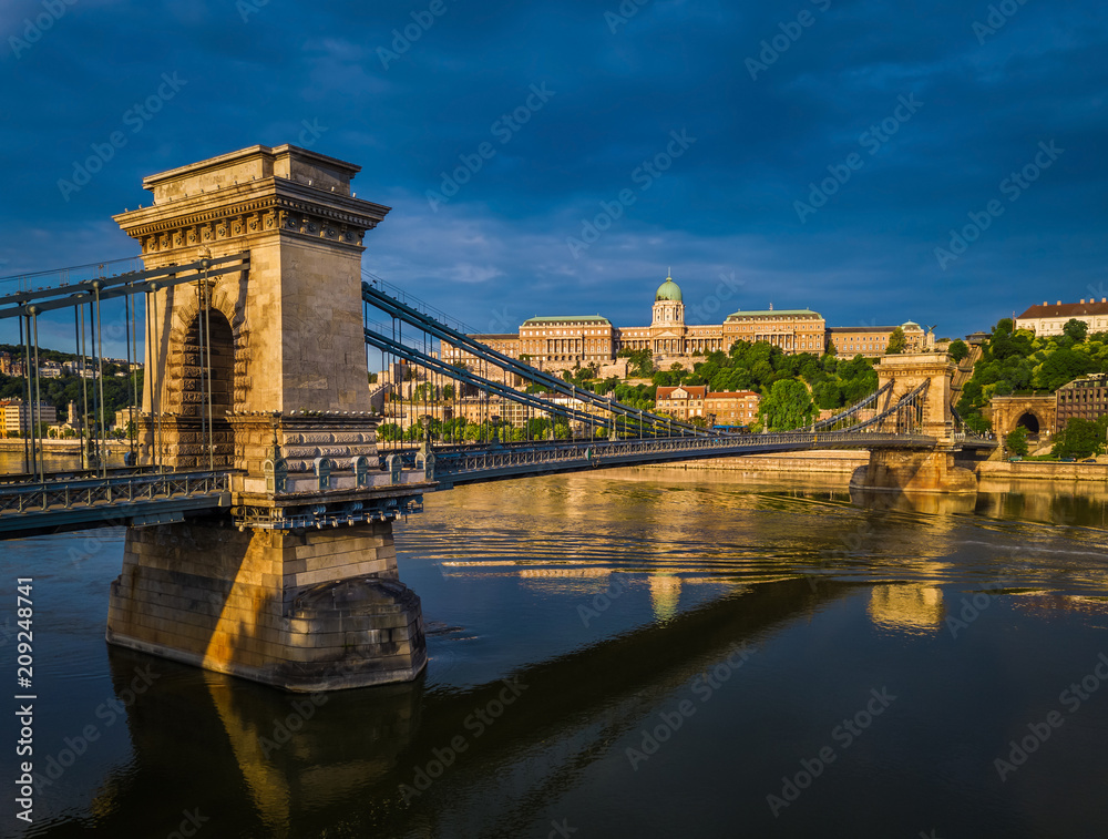 匈牙利布达佩斯-Szechenyi链桥与Buda城堡皇家宫殿的鸟瞰全景