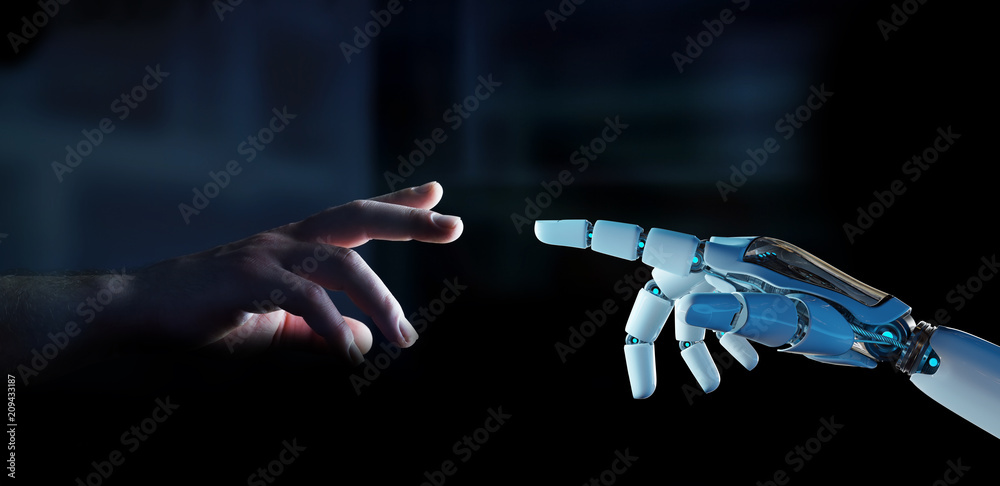 白色机器人手指即将触摸人类手指3D渲染