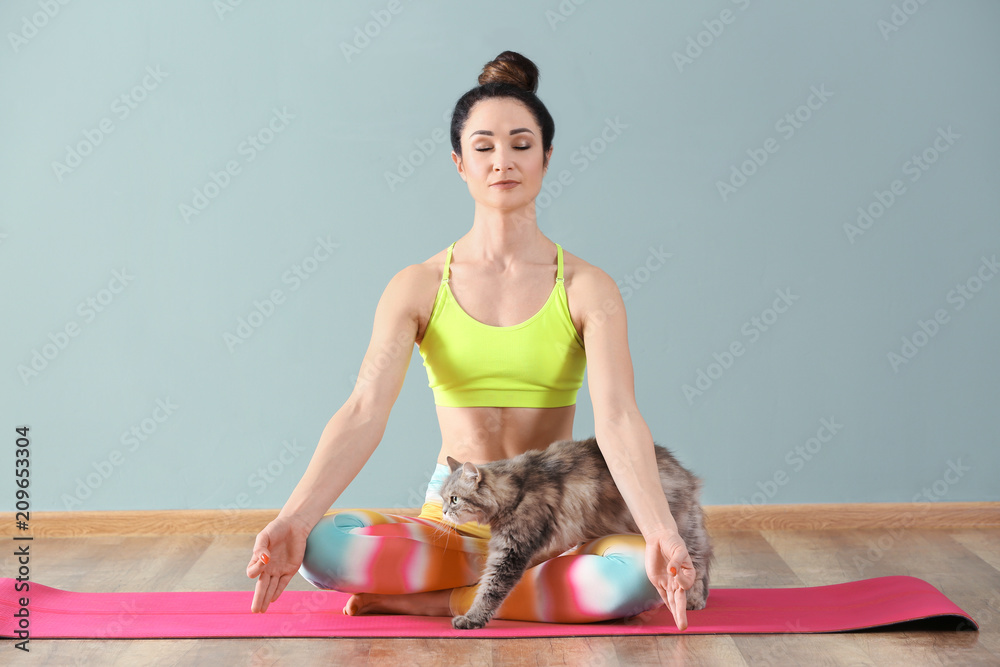 美女带猫在室内练习瑜伽