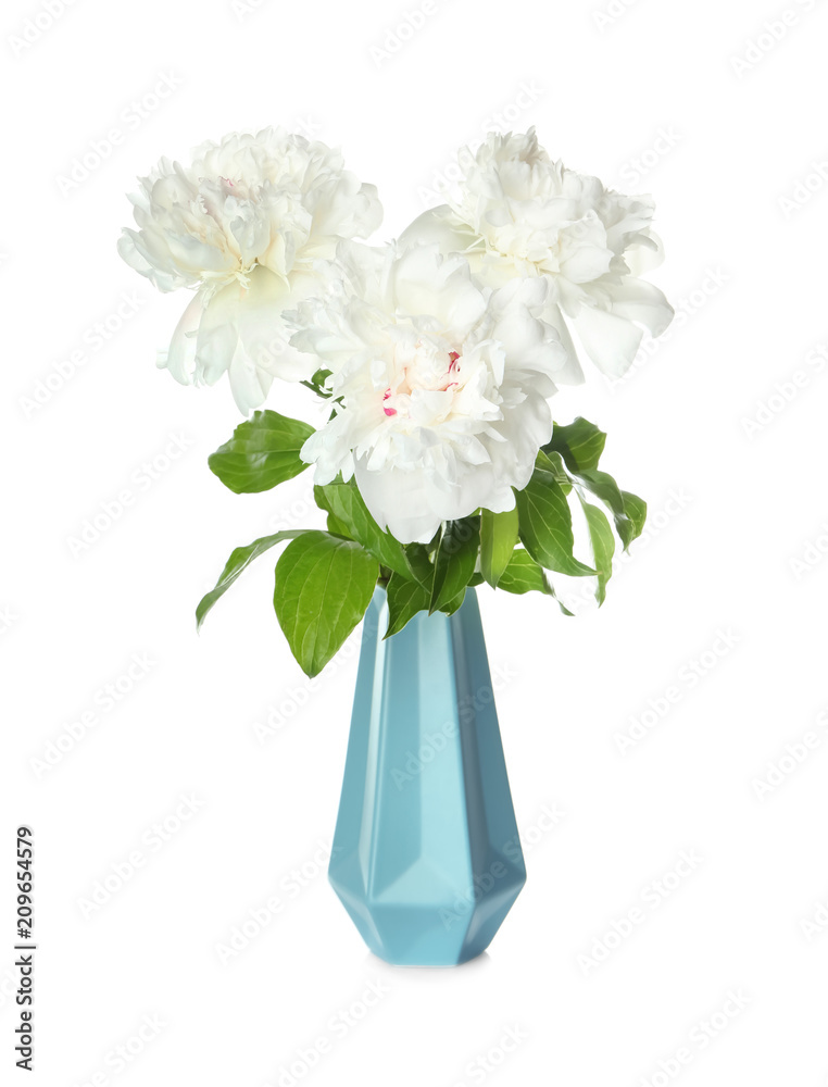 Vase with beautiful peony flowers on white background