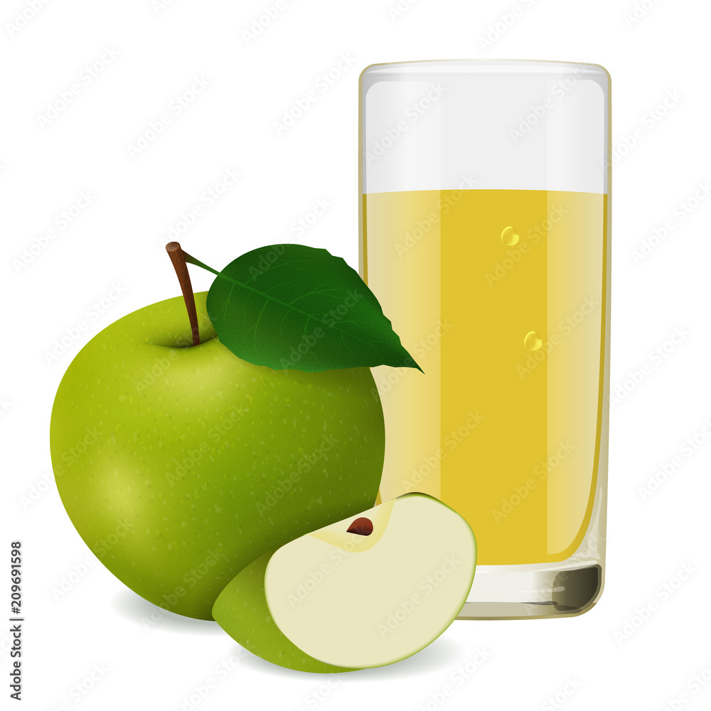 一杯来自成熟苹果的清爽可口的果汁。逼真的风格。矢量插图