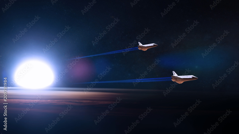 蓝色星球地球。正在起飞执行任务的航天飞机。这张图片的元素由美国国家航空航天局提供。