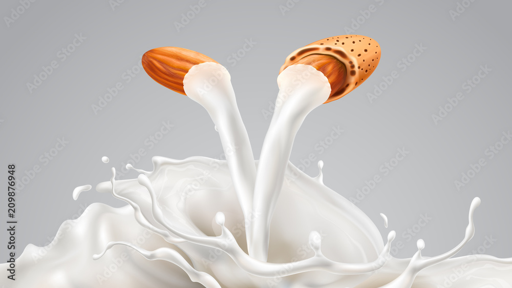 半个杏仁的牛奶飞溅效果。饮料从坚果中倾泻而下。adv的设计元素