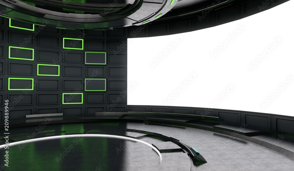 霓虹灯和空白屏幕背景的未来主义和科幻设计舞台内部。3d插图