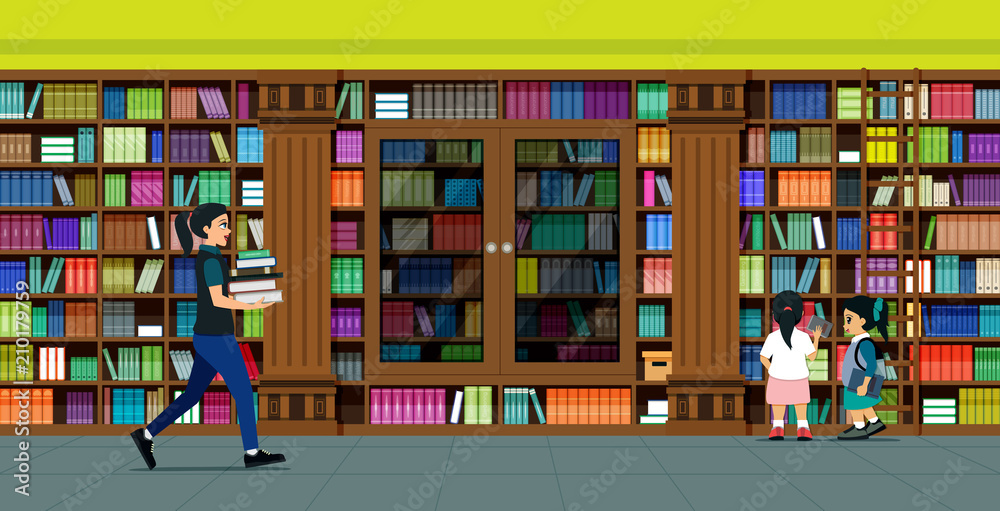 图书馆员正在图书馆里搬书。