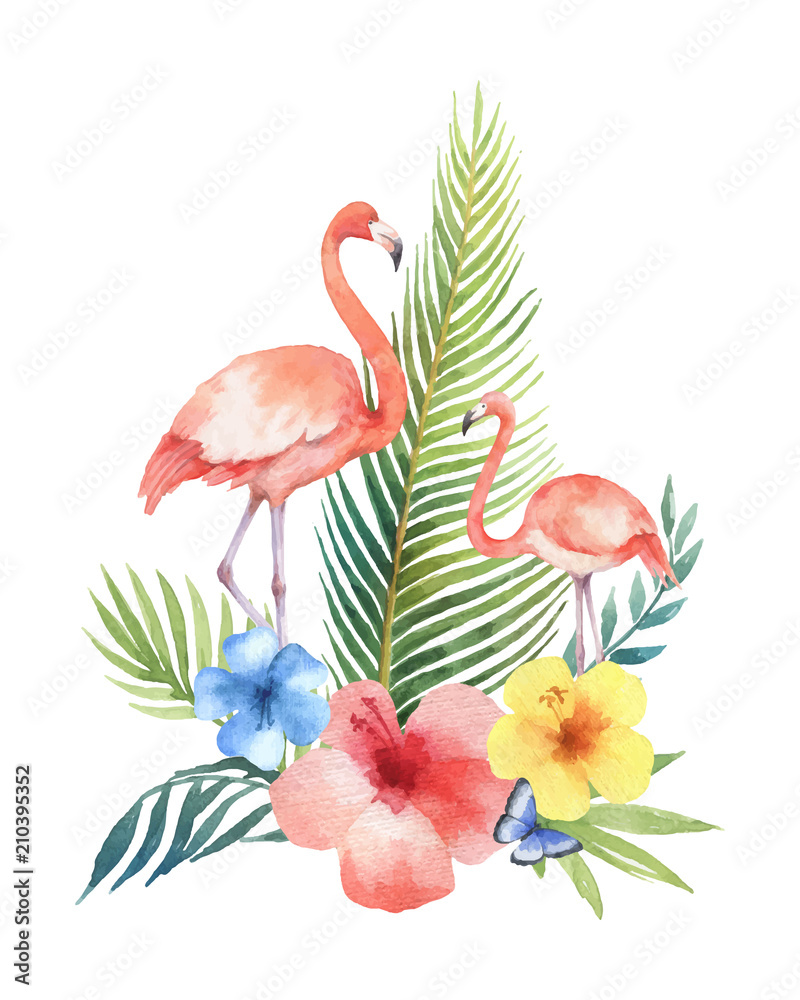 热带树叶、花朵和粉色火烈鸟在白色背景上的水彩矢量卡