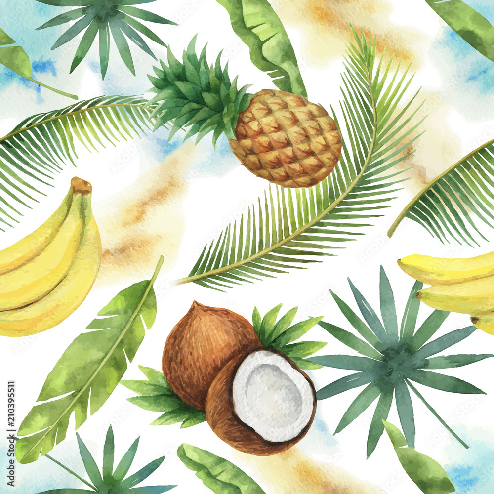 椰子树、香蕉树、菠萝树和棕榈树的水彩矢量无缝图案隔离在白色ba上