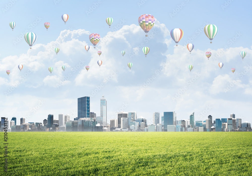 浮空器在城市上空飞行的生态绿色生活概念