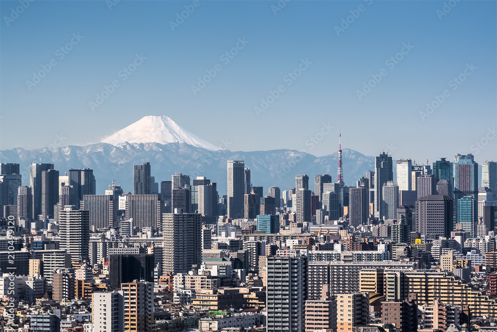 晴朗的日子里，东京城市景观、东京市中心建筑和东京塔地标与富士山