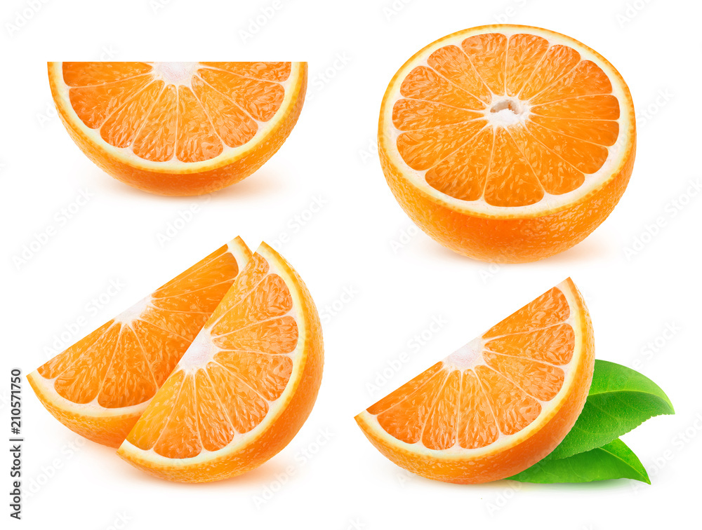 分离的柑橘切片。在白色背景上分离的切割橙色水果的集合，带有剪辑p