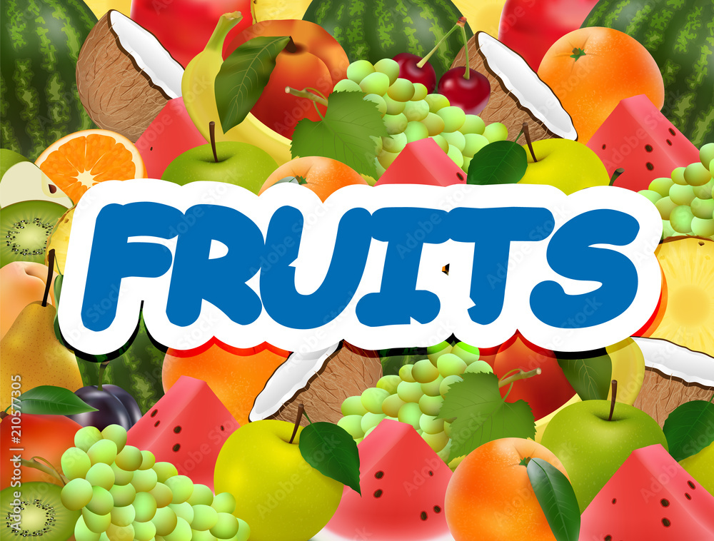 水果成熟多汁的背景。各种水果。逼真的背景。矢量插图。
