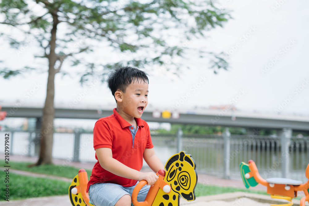 Asian Vietnamese handsome boy sitting on seesaw at outdoor playground