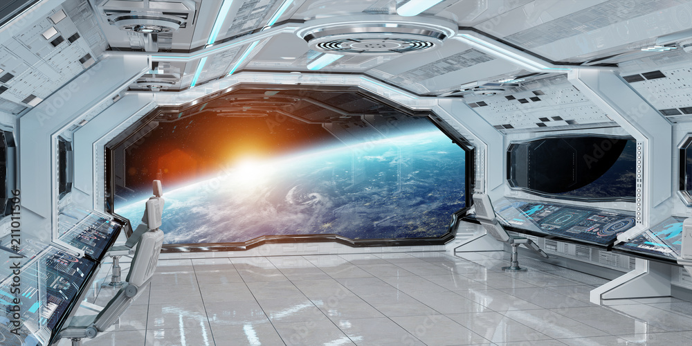 白色清洁太空船内部，地球上的视图3D渲染