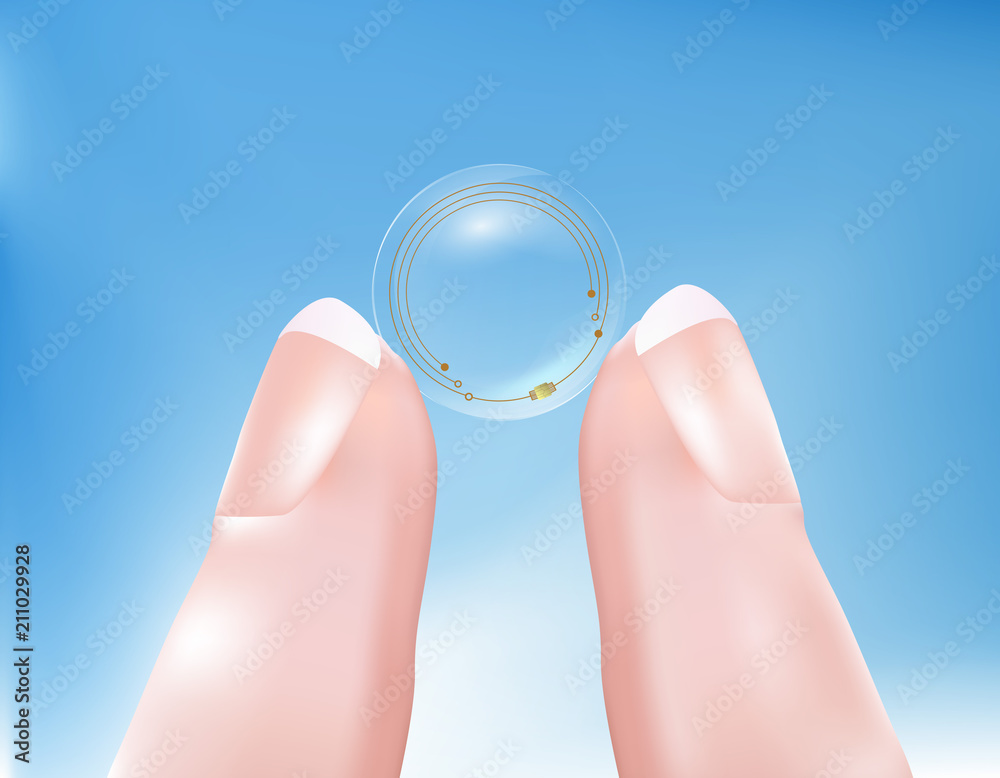 Contact lens with high-tech chip held between two fingers. Technology of the future