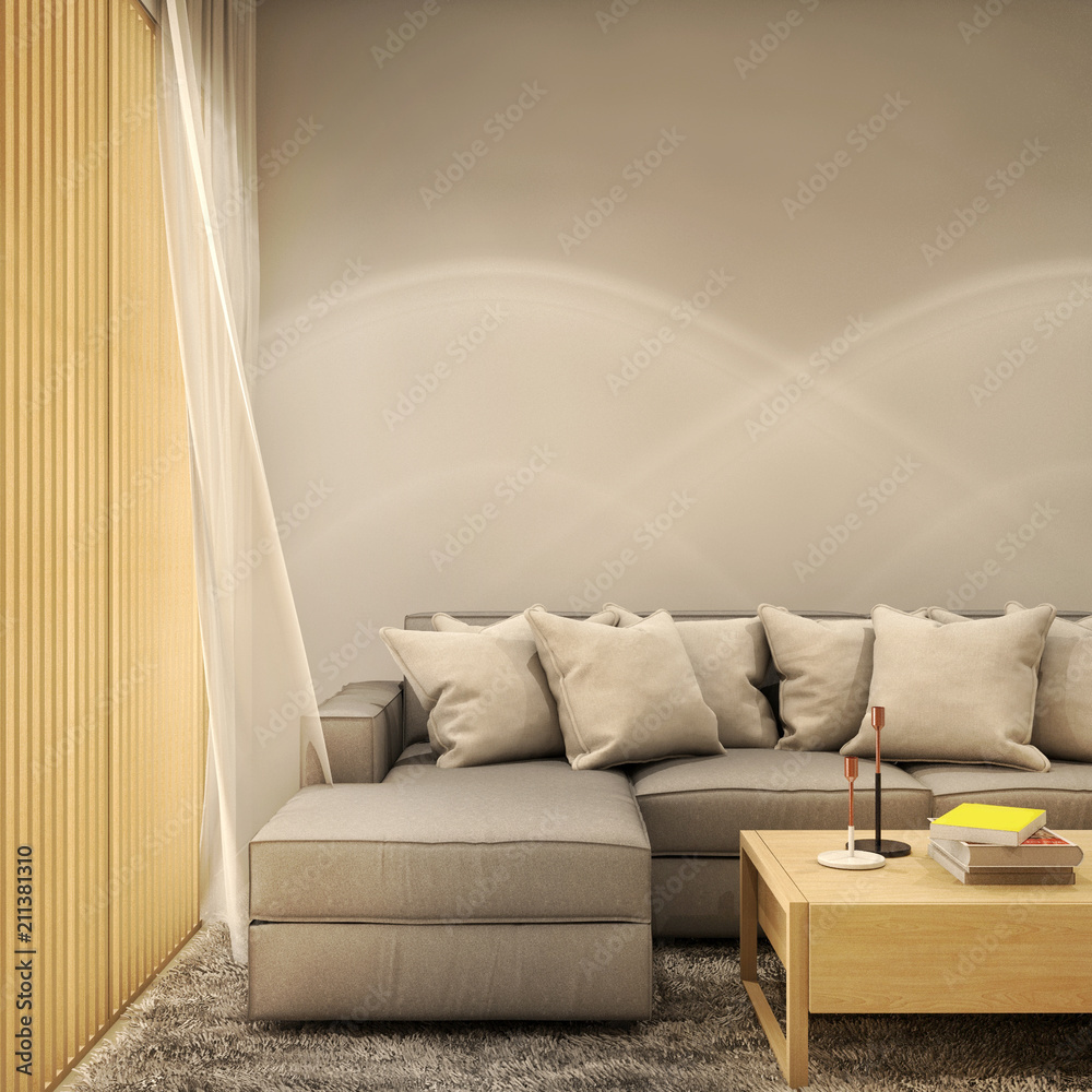 室内设计，现代生活区和用餐区，配有桌子、木地板、榻榻米垫和传统