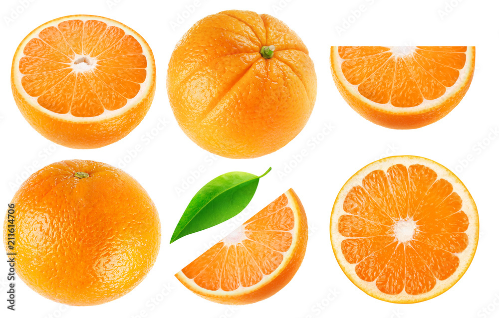 独立的橙子系列。完整的橙子果实，在白色背景下切成小块。