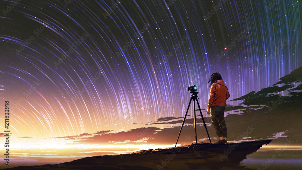 年轻摄影师用星迹拍摄日出天空，数字艺术风格，插图p