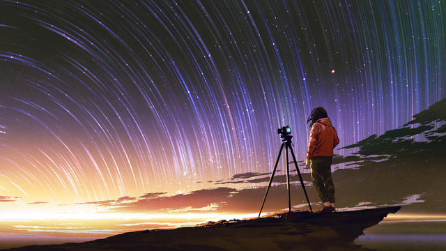 年轻摄影师用星迹拍摄日出天空，数字艺术风格，插图p