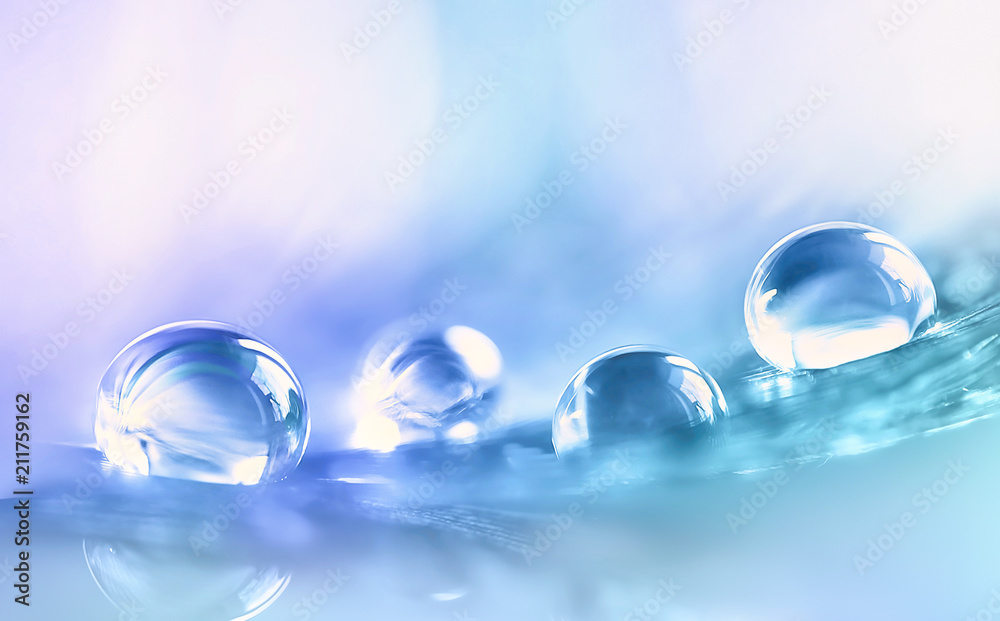 漂亮的大透明水滴或蓝紫色绿松石软背景上的雨水，macr