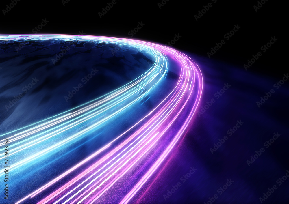青色和粉色霓虹灯汽车尾灯背景。3D插图。